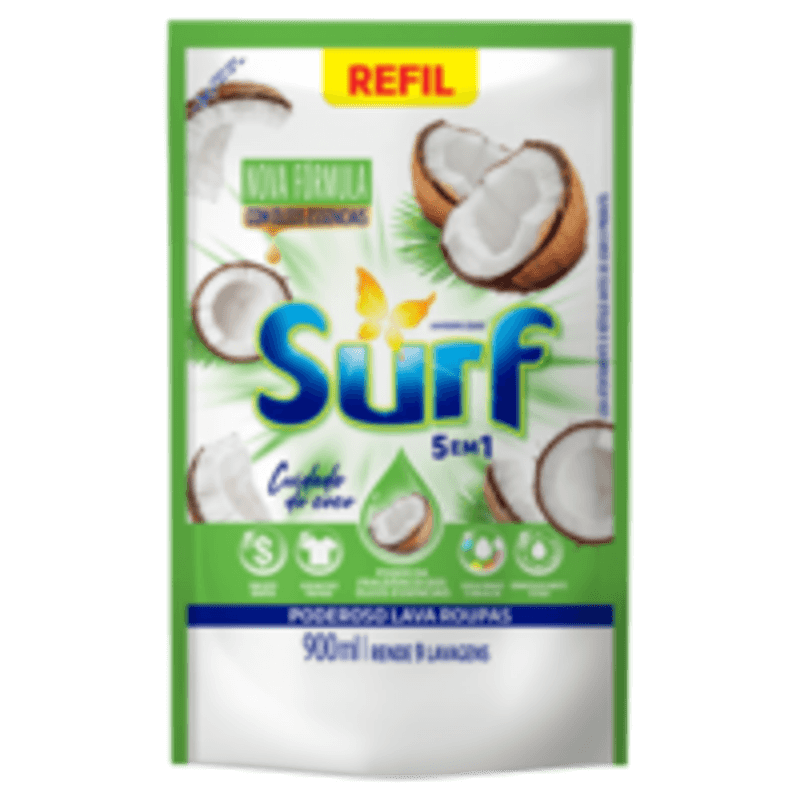 Lava-Roupas-Liquido-Cuidado-do-Coco-Oleos-Essenciais-5-em-1-Surf-Sache-900ml-Refil