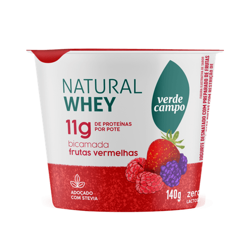 Iogurte Desnatado Bicamada Frutas Vermelhas Zero Lactose Verde Campo Natural Whey Pote 140g