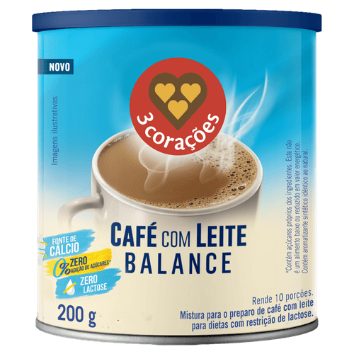 Café com Leite Solúvel Descafeinado Zero Lactose 3 Corações Lata 200g