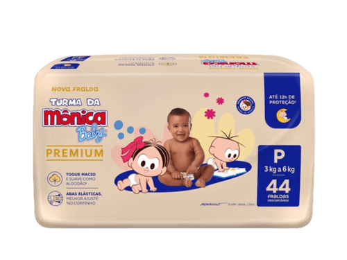 FRALDA TURMA DA MONICA BABY PREMIUM ECONOMICA 44UN P ATÉ 12H DE PROTECAO TOQUE MACIO ABAS ELASTICAS