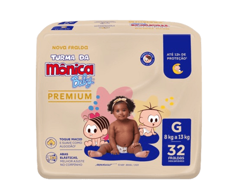 FRALDA TURMA DA MONICA BABY PREMIUM ECONOMICA 32UN G ATÉ 12H DE PROTECAO TOQUE MACIO ABAS ELASTICAS