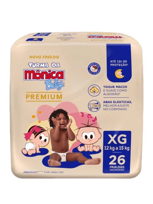 FRALDA TURMA DA MONICA BABY PREMIUM ECONOMICA 26UN XG ATÉ 12H DE PROTECAO TOQUE MACIO ABAS ELASTICAS