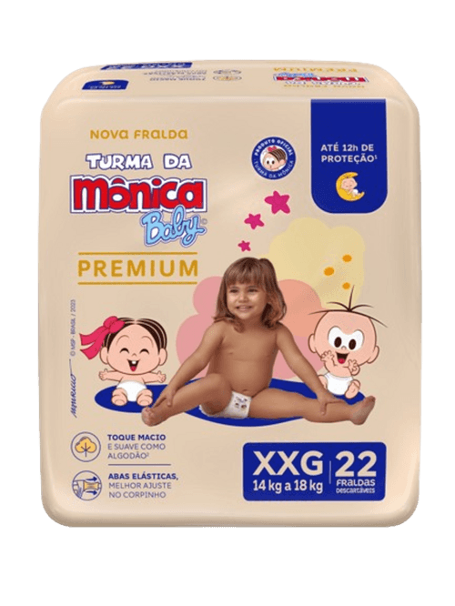 FRALDA TURMA DA MONICA BABY PREMIUM ECONOMICA 22UN XXG ATÉ 12H DE PROTECAO TOQUE MACIO ABAS ELASTICAS