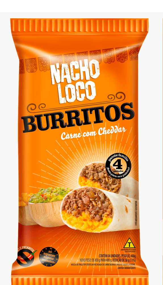 Massa-de-Trigo-Tipo-Tortilha-Burrito-Recheio-de-Carne-Bovina-com-Molho-Cheddar-Nacho-Loco-Pacote-400g-4-Unidades