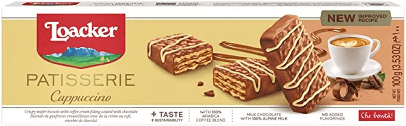 Wafer-Crocante-com-Recheio-de-Creme-de-Cappuccino-Coberto-com-Chocolate-ao-Leite-e-Branco-Loacker-Patisserie-Pacote-100g