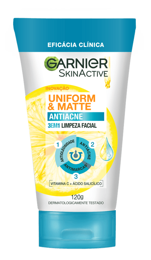 Limpeza Facial Antiacne 3 em 1 Vitamina C + Ácido Salicílico Garnier SkinActive Uniform & Matte Bisnaga 120g
