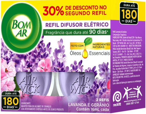 Difusor Elétrico Bom Ar Lavanda e Gerânio Refil Líquido 2x16ml