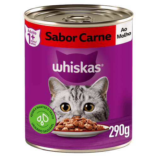 Alimento Completo e Balanceado para Gatos Adultos Carne ao Molho Whiskas Lata 290g