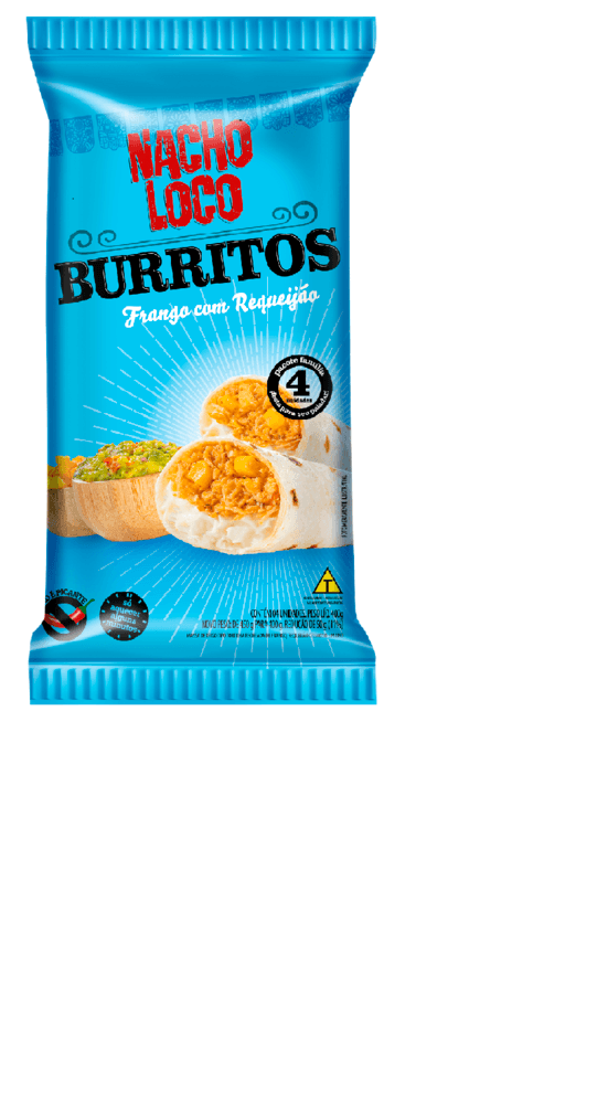 Massa de Trigo Tipo Tortilha Burrito Recheio de Frango com Requeijão Cremoso e Milho Nacho Loco Pacote 400g 4 Unidades