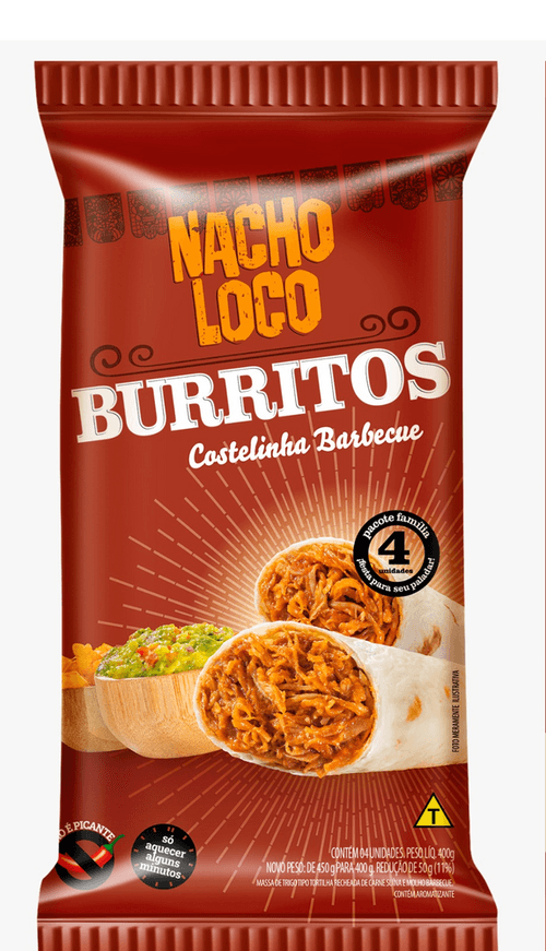Massa de Trigo Tipo Tortilha Burrito Recheio de Carne Suína Costelinha e Molho Barbecue Nacho Loco Pacote 400g 4 Unidades