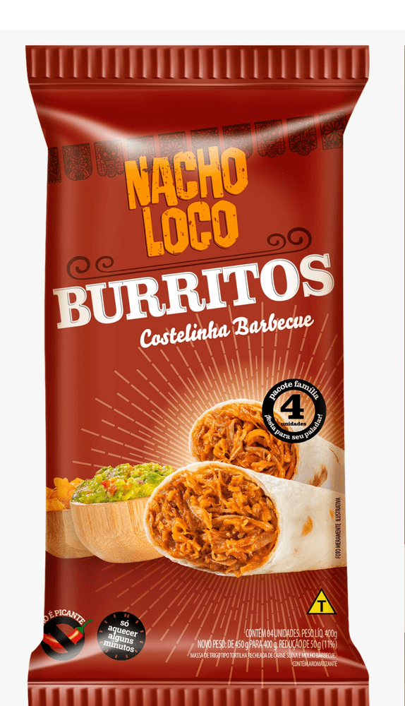 Massa-de-Trigo-Tipo-Tortilha-Burrito-Recheio-de-Carne-Suina-Costelinha-e-Molho-Barbecue-Nacho-Loco-Pacote-400g-4-Unidades