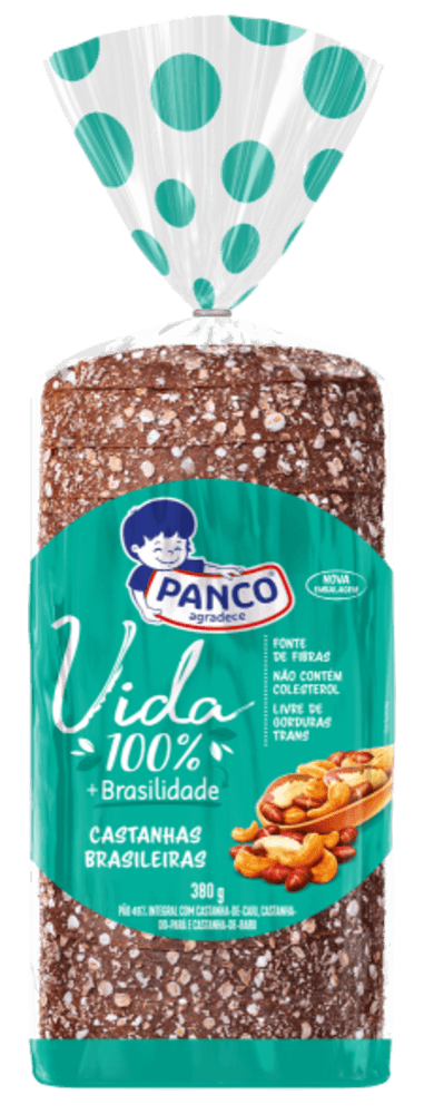 Pão 49% Integral com Castanhas Brasileiras Castanha-de-Caju, Castanha-do-Pará e Castanha-de-Baru Panco Vida Pacote 380g
