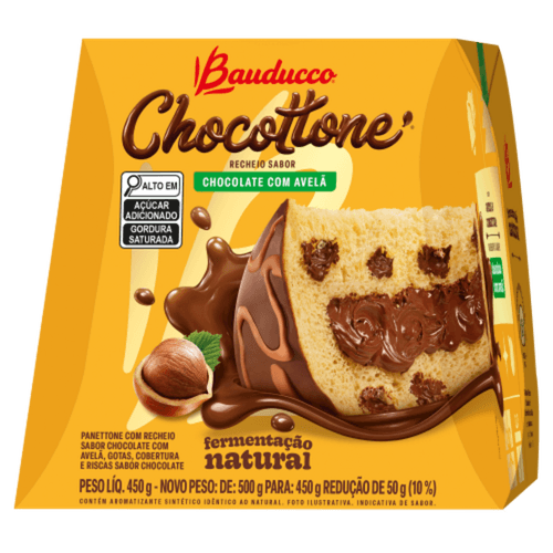Panettone Recheio Chocolate com Avelã Cobertura, Gotas e Riscas Chocolate Bauducco Chocottone Caixa 450g