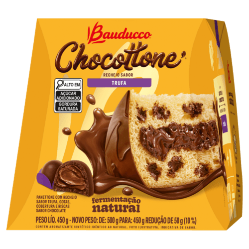 Panettone Recheio Trufa Cobertura, Gotas e Riscas Chocolate Bauducco Chocottone Caixa 450g