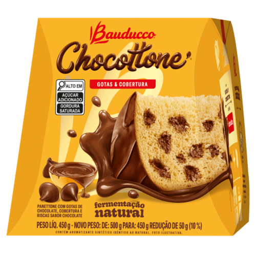 Panettone com Gotas de Chocolate Cobertura e Riscas Chocolate Bauducco Chocottone Caixa 450g