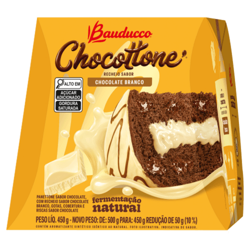 Panettone Chocolate Recheio e Cobertura Chocolate Branco Gotas e Riscas Chocolate Bauducco Chocottone Caixa 450g