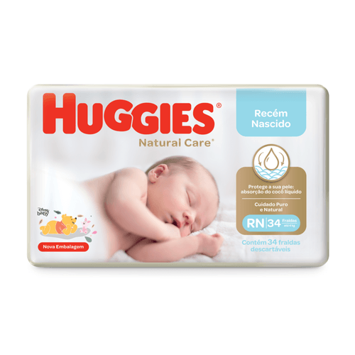 Fralda Descartável Recém-Nascido Huggies Natural Care RN até 4kg Pacote 34 Unidades