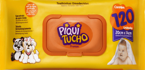Toalha Umedecida Infantil com Extrato de Capim Limão Piquitucho Premium Pacote 120 Unidades