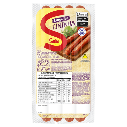 Linguiça Mista Cozida E Defumada Fininha Sadia 215G