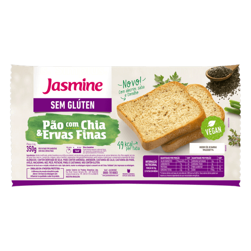 Pão de Forma Fatiado Tipo Sanduíche com Chia e Ervas Finas sem Glúten Vegano Jasmine Bandeja 350g