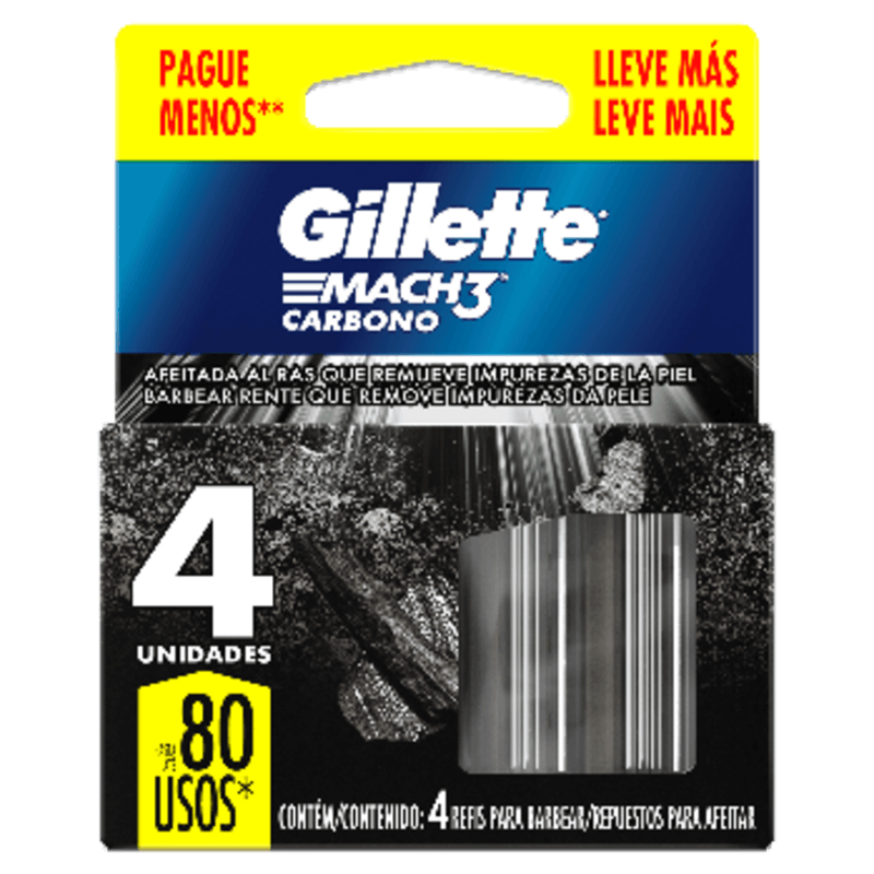 Carga-de-Aparelho-para-Barbear-Gillette-Mach3-Carbono-4-Unidades-Leve-Mais-Pague-Menos