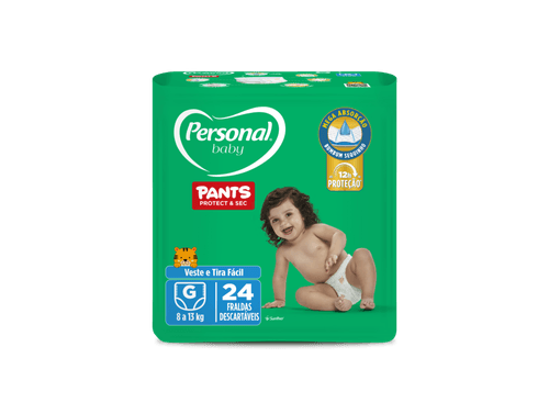 FRALDA PERSONAL BABY PANTS PROTECT & SEC MEGA ABSORÇÃO ATÉ 12HORAS DE PROTEÇÃO VESTE E TIRA FACIL G 24 UNIDADES