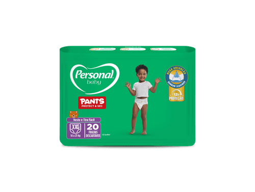FRALDA PERSONAL BABY PANTS PROTECT & SEC MEGA ABSORÇÃO ATÉ 12HORAS DE PROTEÇÃO VESTE E TIRA FACIL XXG 20 UNIDADES