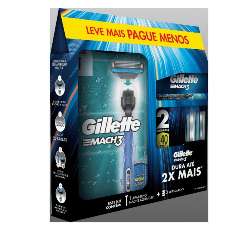 Kit-1-Aparelho-Recarregavel---3-Cargas-para-Barbear-Gillette-Mach3-Leve-Mais-Pague-Menos