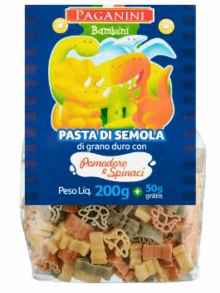 Macarrao-de-Semola-Grano-Duro-Tricolor-Dinossauros-Paganini-Bambini-Pacote-200g-Gratis-50g