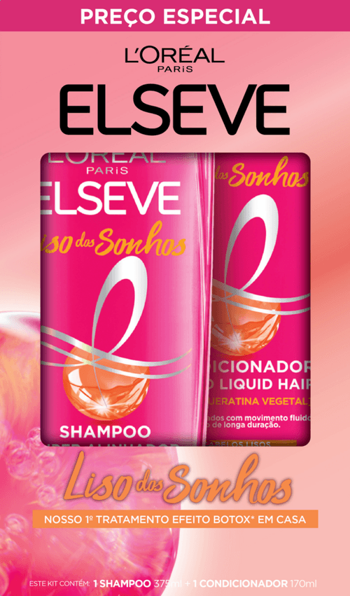 KIT ELSEVE SHAMPOO 375ML+CONDICIONADOR 170ML-FR LISO DOS SONHOS 1º TRATAMENTO EFEITO BOTOX* EM CASA