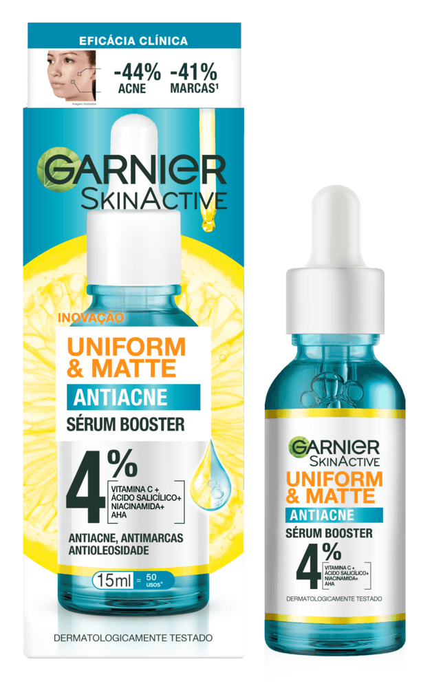 Serum-Booster-Antiacne-4--Vitamina-C---Acido-Salicilico---Niacinamida---Aha-Garnier-SkinActive-Uniform---Matte-Caixa-15ml