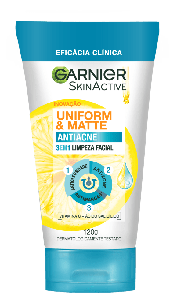 Limpeza-Facial-Antiacne-3-em-1-Vitamina-C---Acido-Salicilico-Garnier-SkinActive-Uniform---Matte-Bisnaga-120g