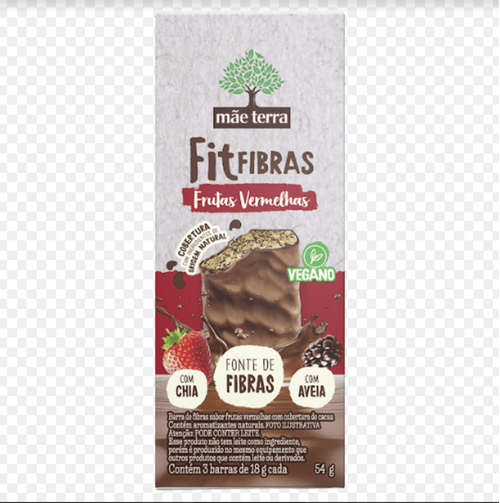 barra de fibras com chia e aveia vegana frutas vermelhas com cobertura cacau mãe terra fit fibras caixa 54g 3 unidades de 18g cada