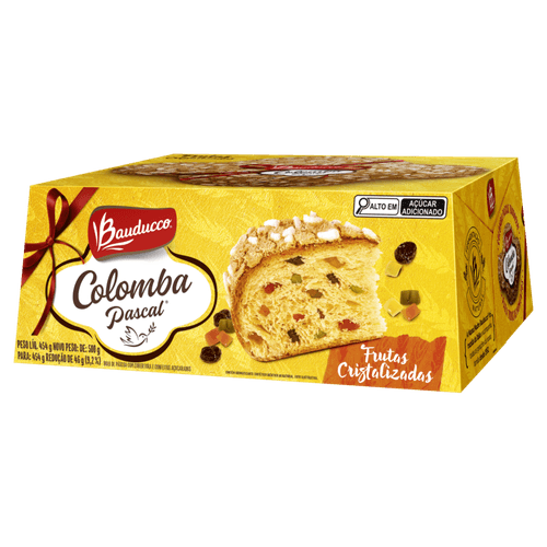 Bolo de Páscoa com Frutas Cristalizadas com Cobertura e Confeitos Açucarados Bauducco Colomba Pascal Caixa 454g
