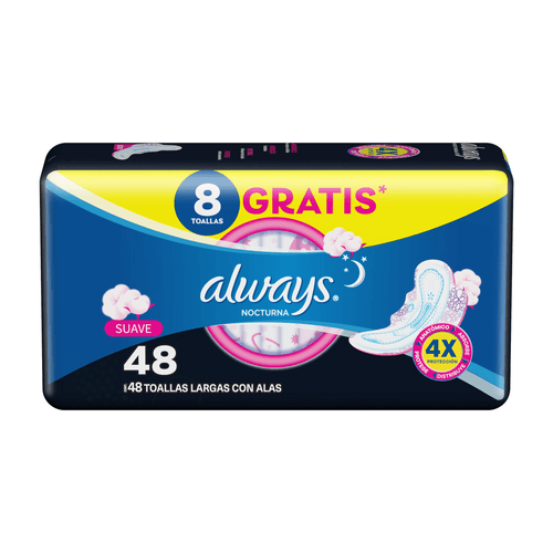 Absorvente com Abas Suave Always Noturno G Pacote 48 Unidades Grátis 8 Absorventes