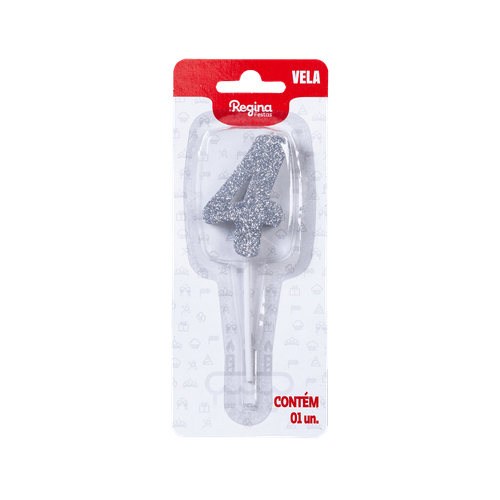 VELA REGINA 1UN  PICK GLITTER PRATA NUMERO 4