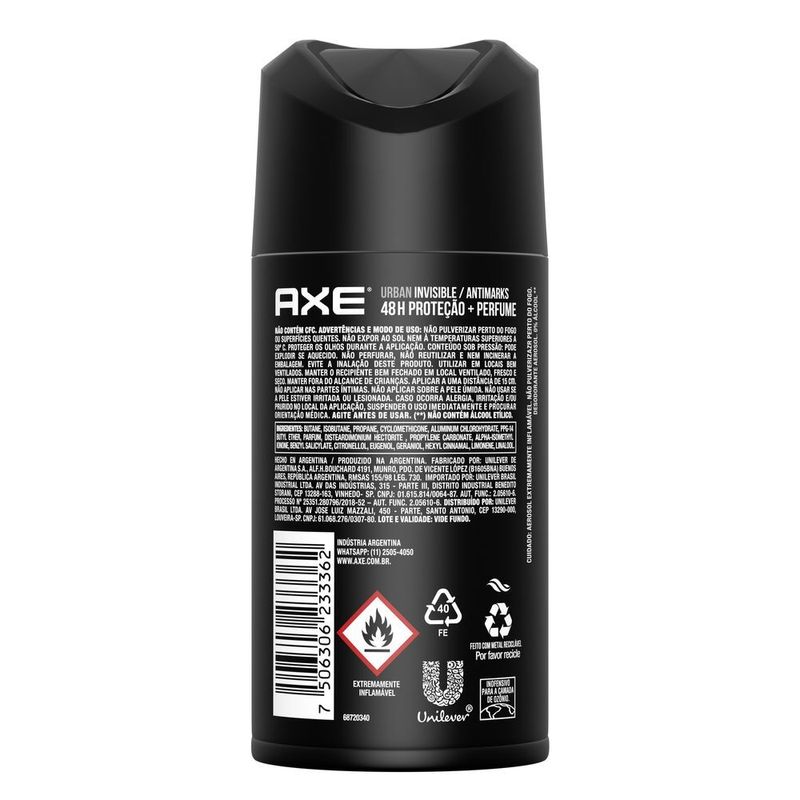 Antitranspirante-Aerossol-Invisible-Antimarks-Urban-48h-de-Protecao-Axe-152ml-Spray