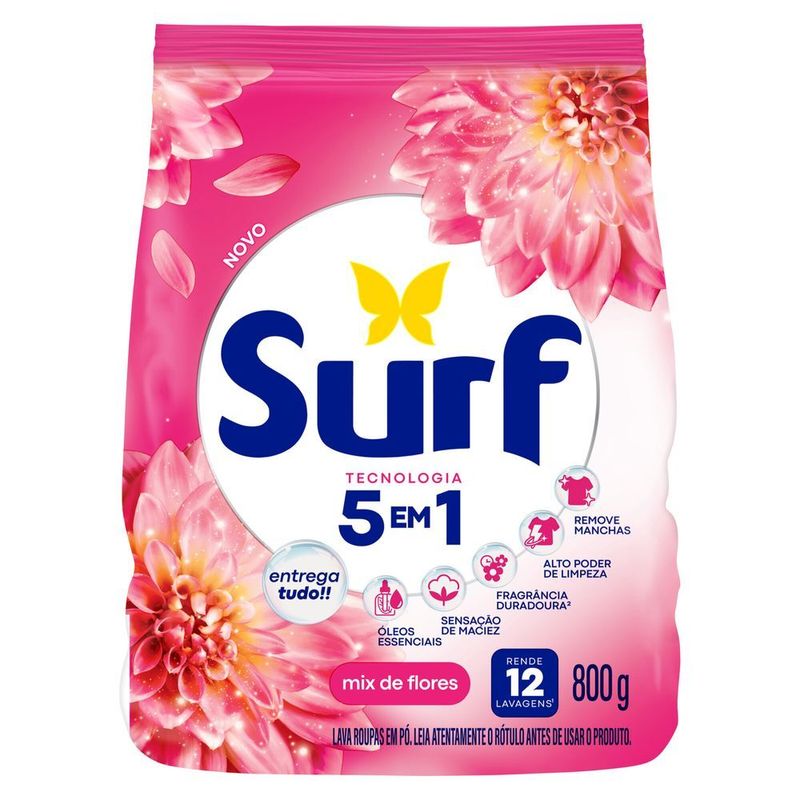 Lava-Roupas-em-Po-5-em-1-Rosas-e-Flor-de-Lis-Surf-Pacote-800g
