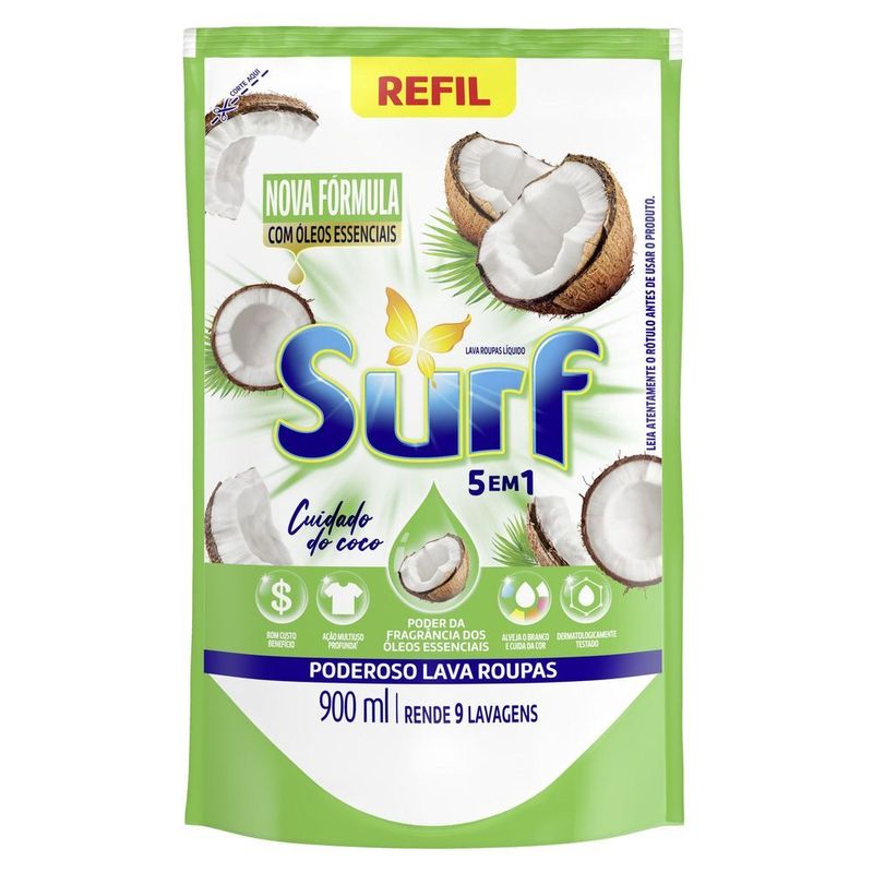 Lava-Roupas-Liquido-Cuidado-do-Coco-Oleos-Essenciais-5-em-1-Surf-Sache-900ml-Refil