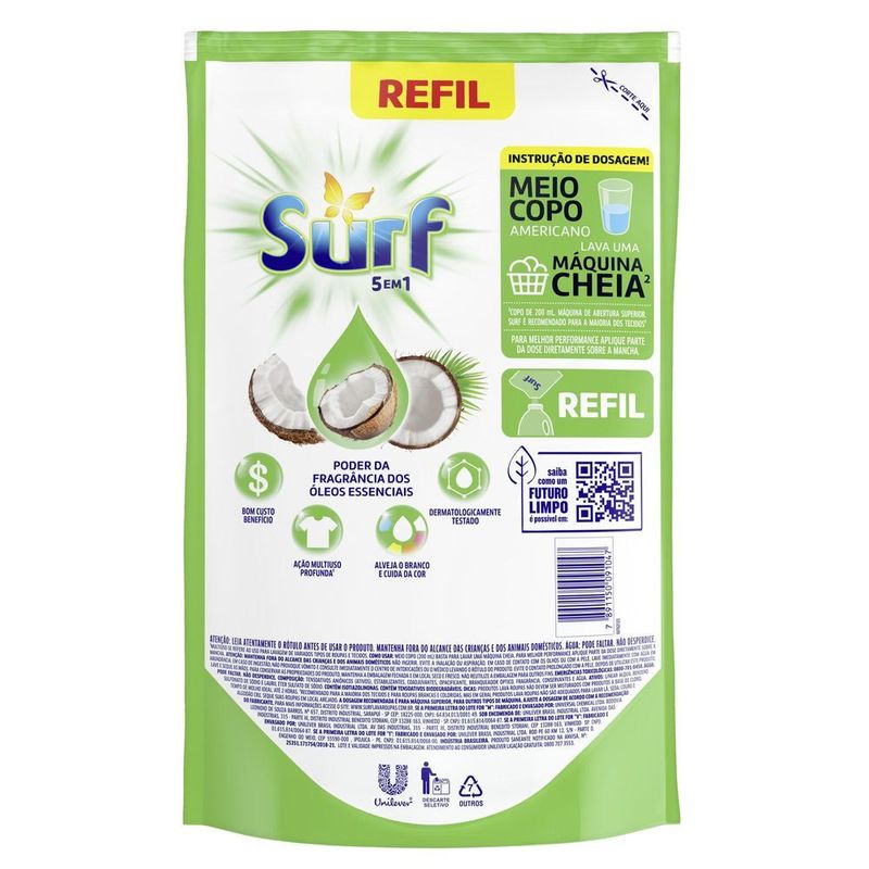 Lava-Roupas-Liquido-Cuidado-do-Coco-Oleos-Essenciais-5-em-1-Surf-Sache-900ml-Refil