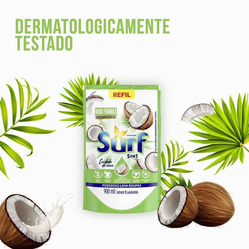 Lava-Roupas-Liquido-Cuidado-do-Coco-Oleos-Essenciais-5-em-1-Surf-Sache-900ml-Refil