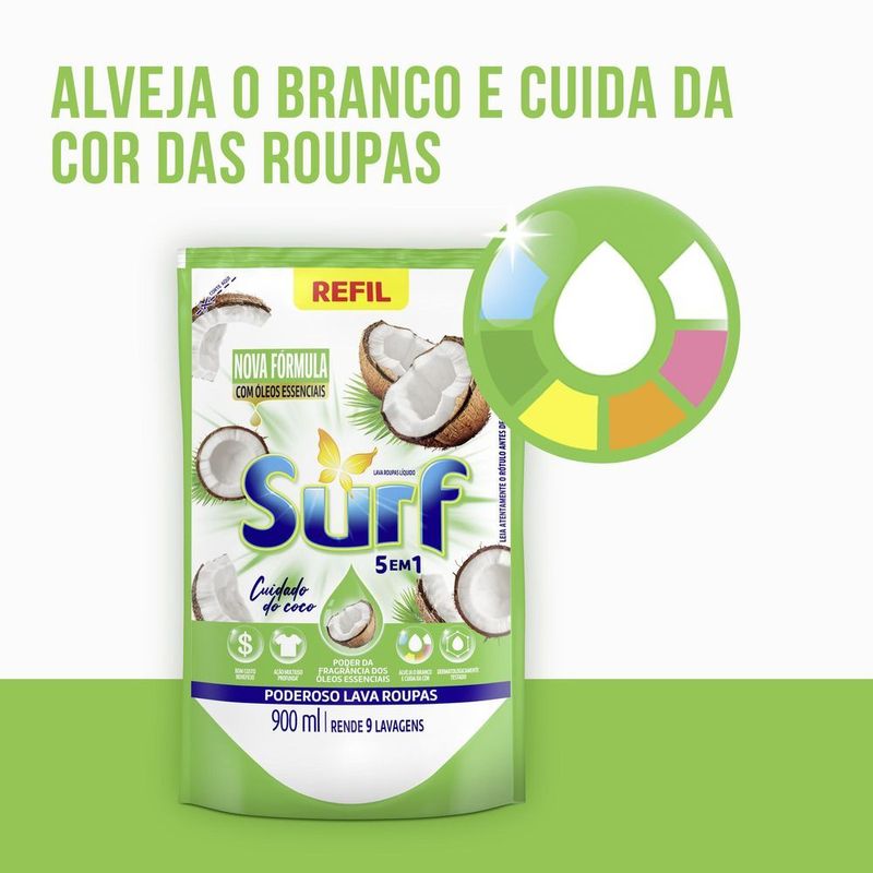 Lava-Roupas-Liquido-Cuidado-do-Coco-Oleos-Essenciais-5-em-1-Surf-Sache-900ml-Refil