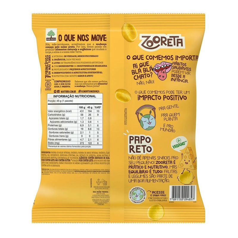 Salgadinho-de-Milho-e-Arroz-76--Integral-Organico-Queijo-Parmesao-Mae-Terra-Zooreta-Pacote-45g
