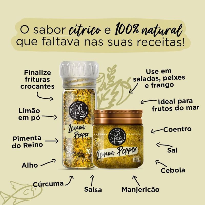 Tempero-Lemon-Pepper-Mistura-de-Sal-e-Especiarias-a-Base-de-Limao-com-Moedor-BR-Spices-Craft-Spices-Vidro-70g