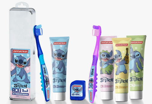 KIT ESCOVA DENTAL MACIA+FIO DENTAL MIX DE FRUTAS 20M+GEL DENTAL COM FLÚOR MORANGO 50G INFANTIL STITCH DENTALCLEAN PREMIUM