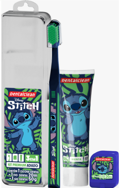 KIT ESCOVA DENTAL MACIA+FIO DENTAL+GEL DENTAL 50G ADULTO MENTA STITCH DENTALCLEAN PREMIUM