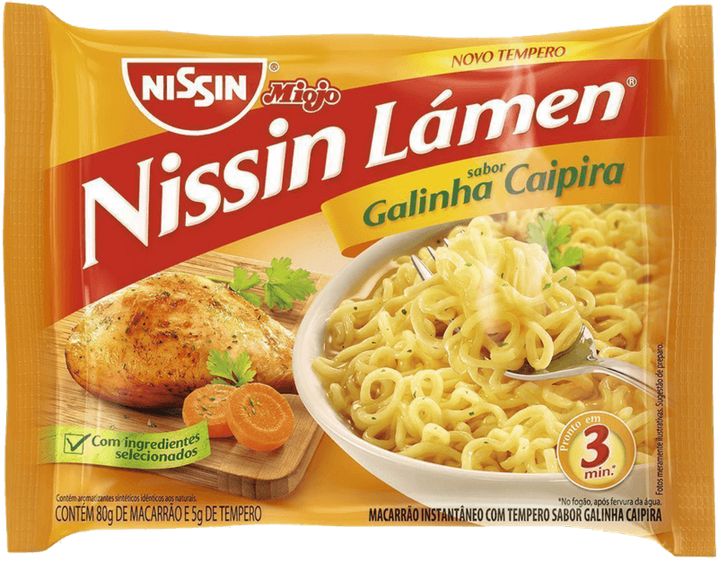 Macarrao-Instantaneo-Lamen-com-Tempero-de-Galinha-Caipira-Nissin-Miojo-Pacote-85g-Sendo-80g-de-Macarrao-e-5g-de-Tempero