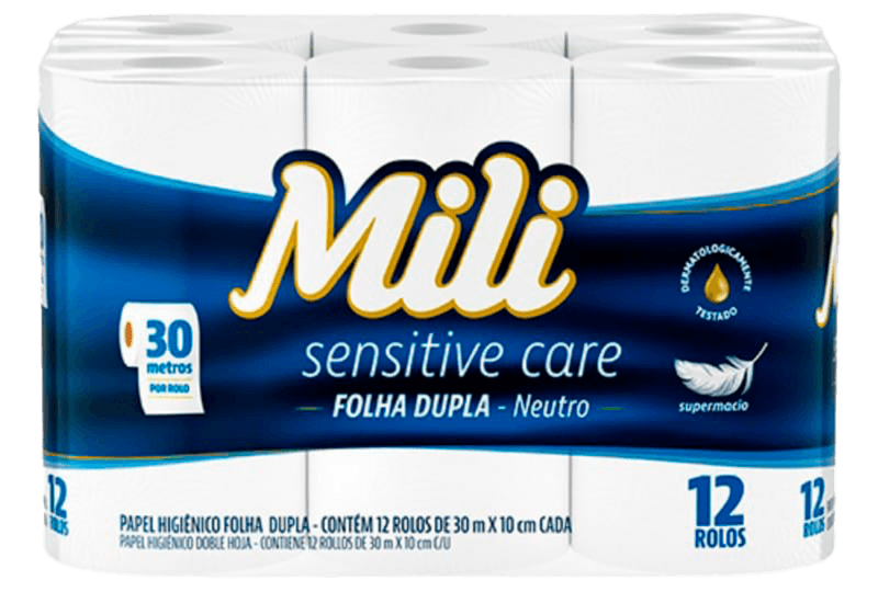 Papel-Higienico-Mili-Sensitive-Care-Folha-Dupla-Neutro-30-Metros-Embalagem-Economica-12-Unidades