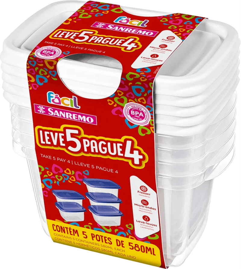 Conjunto-Pote-Plastico-Rosa-Quadrado-530ml-Sanremo-Facil-Leve-5-Unidades-Pague-4-Unidades