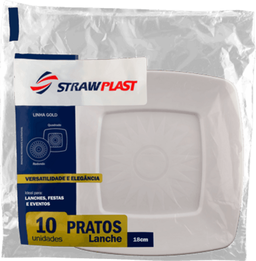 Prato Descartável Strawplast Quadrado Branco com 10 Unidades de 18 cm